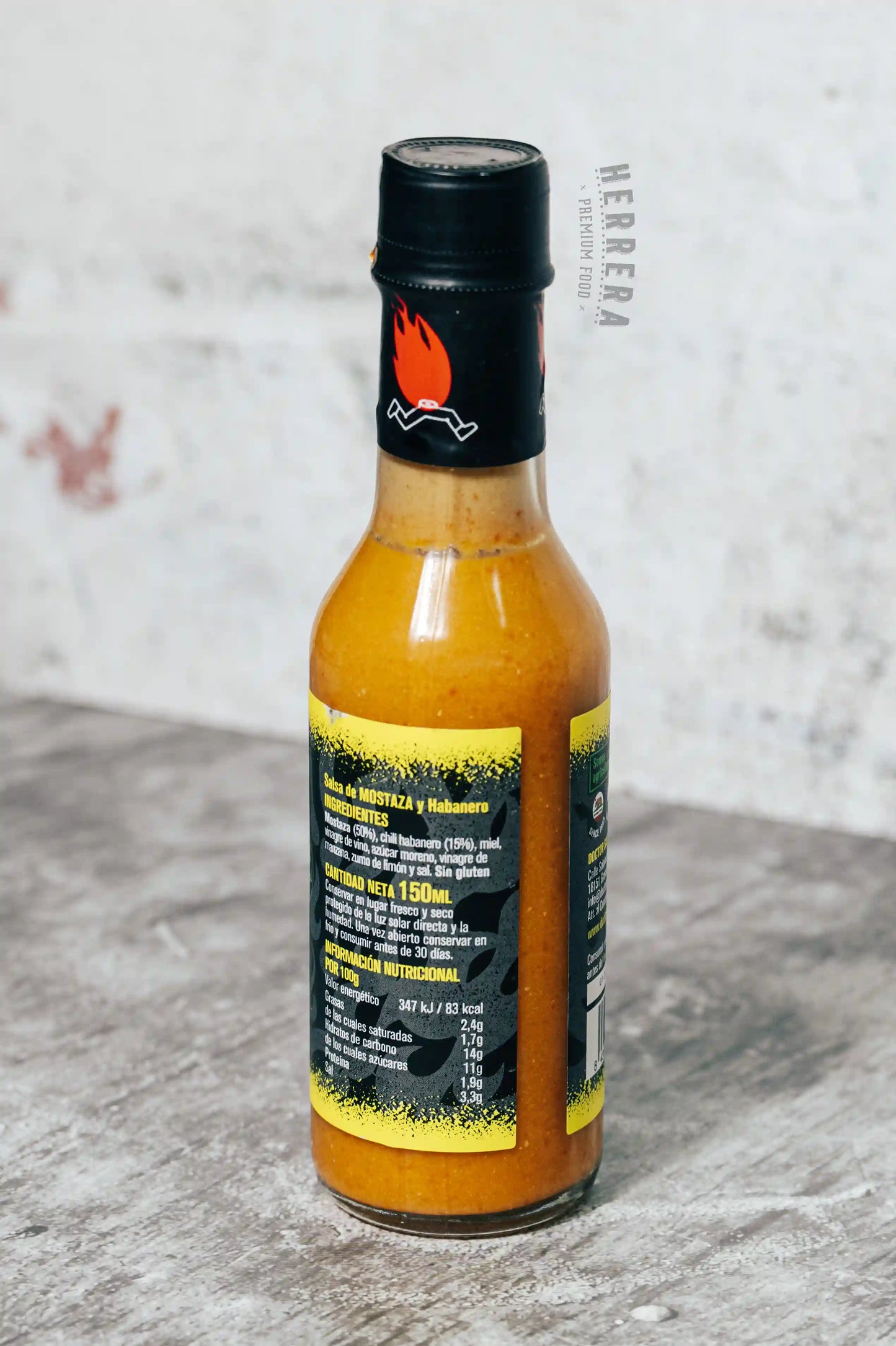 Etiqueta Mostaza con Habanero Doctor Salsas con diseño amarillo picante Herrera Food