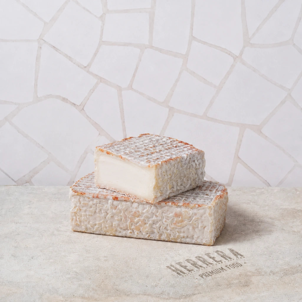 Queso lácteo Jondal con pimentón de la Vera, de corteza enmohecida y pasta blanca cremosa, sobre losa de piedra en Herrera Premium Food